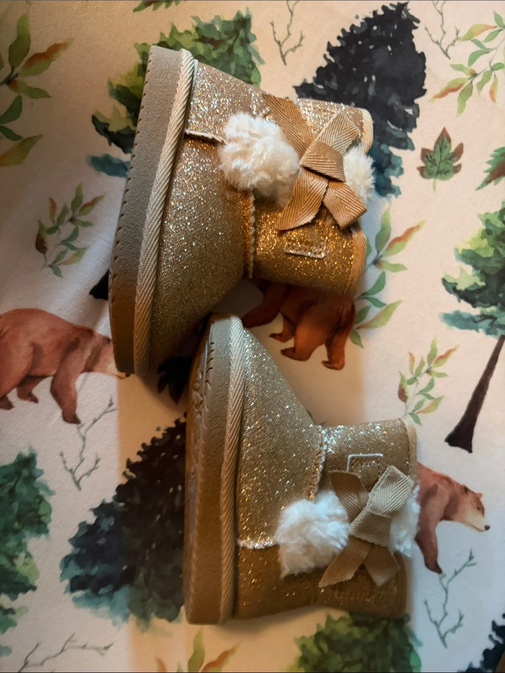 Kids Glitter Bow Winter Boots - Gold
